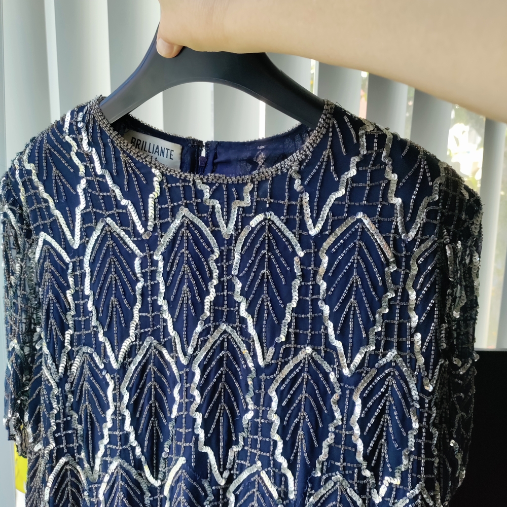 Blue and Silver Maxi Beaded Dress with Flutter Sleeves